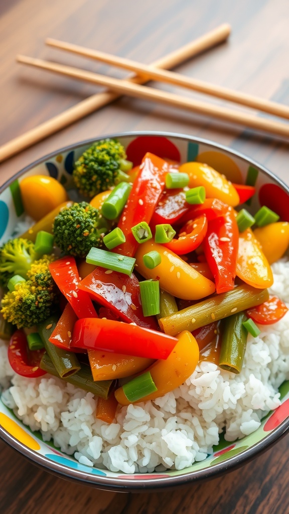 Vibrant vegan stir-fry with broccoli, bell peppers, and snap peas served over rice, garnished with sesame seeds and green onions.